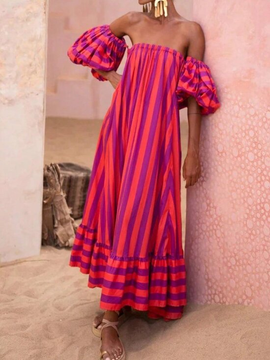 MODA ME COUTURE Dresses & Skirts - Red Casual Women's Flared Long Off-Shoulder Petal Sleeve Dress